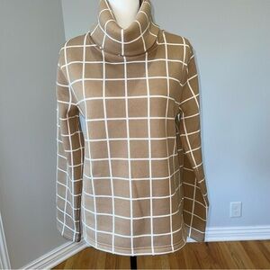 J.Crew windowpane fleece lined funnel neck turtleneck pullover size large tan